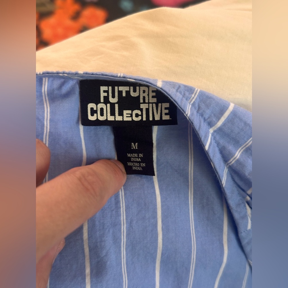 New Future Collective, Long Sleeve Eyelet Tie-Front Poplin Blouse Blue Stripes - Picture 6 of 7